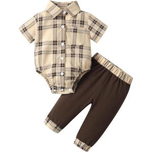 imageRenotemy Newborn Baby Boy Clothes Outfits Infant Boy Letter Print Romper Pants Clothing SetBeigeplaid