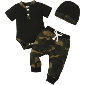 imageRenotemy Newborn Baby Boy Clothes Outfits Infant Boy Letter Print Romper Pants Clothing SetBlackcamoset