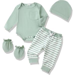 imageRenotemy Newborn Baby Boy Clothes Outfits Infant Boy Letter Print Romper Pants Clothing SetGreenstripe