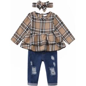 imageRenotemy Baby Girl Clothes Toddler Girl Clothes Outfits Infant Clothing Jeans Pants Set Cute Clothes Set for GirlsApricotplaid