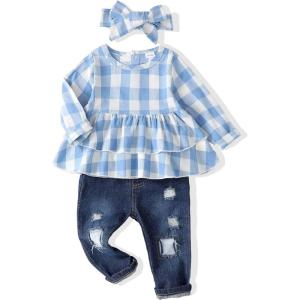 imageRenotemy Baby Girl Clothes Toddler Girl Clothes Outfits Infant Clothing Jeans Pants Set Cute Clothes Set for GirlsBlue Plaid Denim