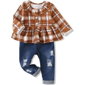 imageRenotemy Baby Girl Clothes Toddler Girl Clothes Outfits Infant Clothing Jeans Pants Set Cute Clothes Set for GirlsBrown Plaid Denim