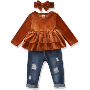 imageRenotemy Baby Girl Clothes Toddler Girl Clothes Outfits Infant Clothing Jeans Pants Set Cute Clothes Set for GirlsBrown Velvet