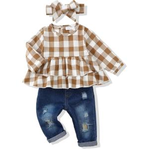 imageRenotemy Baby Girl Clothes Toddler Girl Clothes Outfits Infant Clothing Jeans Pants Set Cute Clothes Set for GirlsGrayish Brown Plaid