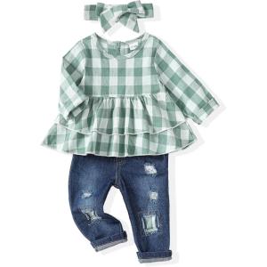 imageRenotemy Baby Girl Clothes Toddler Girl Clothes Outfits Infant Clothing Jeans Pants Set Cute Clothes Set for GirlsGreen Plaid Denim
