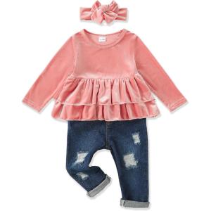 imageRenotemy Baby Girl Clothes Toddler Girl Clothes Outfits Infant Clothing Jeans Pants Set Cute Clothes Set for GirlsPink Velvet