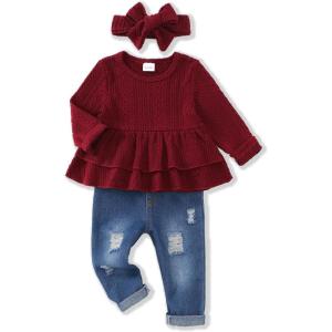 imageRenotemy Baby Girl Clothes Toddler Girl Clothes Outfits Infant Clothing Jeans Pants Set Cute Clothes Set for GirlsRed