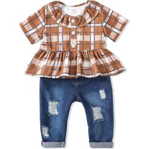 imageRenotemy Baby Girl Clothes Toddler Girl Clothes Outfits Infant Clothing Jeans Pants Set Cute Clothes Set for GirlsShort Plaid Brown Denim
