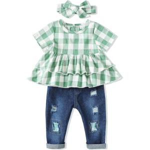 imageRenotemy Baby Girl Clothes Toddler Girl Clothes Outfits Infant Clothing Jeans Pants Set Cute Clothes Set for GirlsShort Plaid Green Denim
