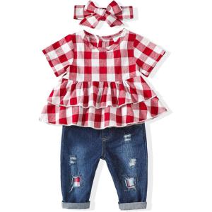 imageRenotemy Baby Girl Clothes Toddler Girl Clothes Outfits Infant Clothing Jeans Pants Set Cute Clothes Set for GirlsShort Plaid Red Denim