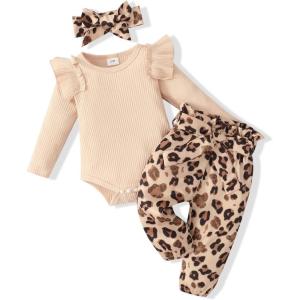 imageRenotemy Newborn Baby Girl Clothes Infant Girl Outfits Ruffle Romper Top Floral Pants Clothes SetsApricotleopard