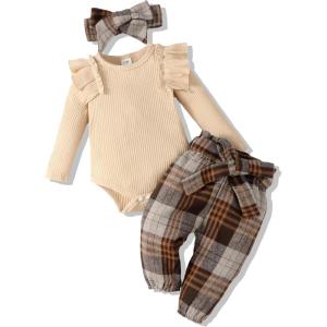 imageRenotemy Newborn Baby Girl Clothes Infant Girl Outfits Ruffle Romper Top Floral Pants Clothes SetsBeigeplaid