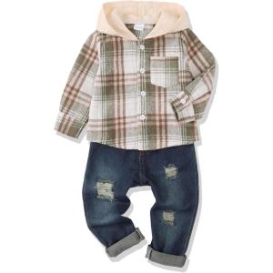 imageRenotemy Toddler Baby Boy Clothes Denim Outfits Infant Hooded Sweatshirt Jeans Clothing For Little BoysApricotplaidsuit