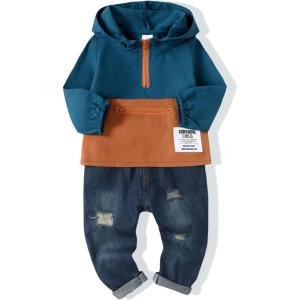 imageRenotemy Toddler Baby Boy Clothes Denim Outfits Infant Hooded Sweatshirt Jeans Clothing For Little BoysBluebrown