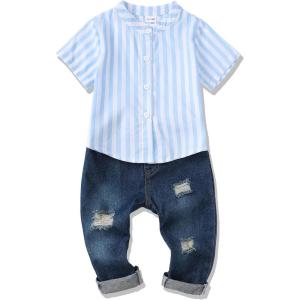 imageRenotemy Toddler Baby Boy Clothes Denim Outfits Infant Hooded Sweatshirt Jeans Clothing For Little BoysBluestripe