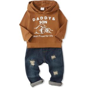 imageRenotemy Toddler Baby Boy Clothes Denim Outfits Infant Hooded Sweatshirt Jeans Clothing For Little BoysBrownjeans