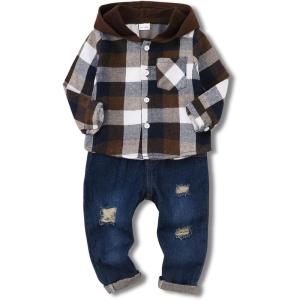 imageRenotemy Toddler Baby Boy Clothes Denim Outfits Infant Hooded Sweatshirt Jeans Clothing For Little BoysBrownplaidsuit