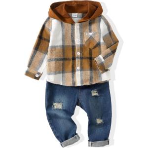 imageRenotemy Toddler Baby Boy Clothes Denim Outfits Infant Hooded Sweatshirt Jeans Clothing For Little BoysCoffeeplaid