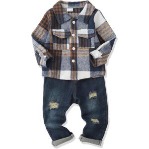 imageRenotemy Toddler Baby Boy Clothes Denim Outfits Infant Hooded Sweatshirt Jeans Clothing For Little BoysDarkblueplaid