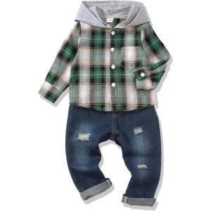 imageRenotemy Toddler Baby Boy Clothes Denim Outfits Infant Hooded Sweatshirt Jeans Clothing For Little BoysGreenplaidsuit