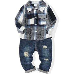 imageRenotemy Toddler Baby Boy Clothes Outfits Baby Boy Plaid Sweatsuit Jeans Denim Fall Winter Pants Set Toddler Clothes For BoysBlue Plaid Denim