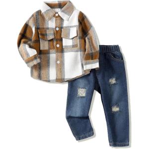 imageRenotemy Toddler Baby Boy Clothes Outfits Baby Boy Plaid Sweatsuit Jeans Denim Fall Winter Pants Set Toddler Clothes For BoysCoffee Plaid