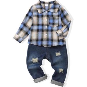imageRenotemy Toddler Baby Boy Clothes Outfits Baby Boy Plaid Sweatsuit Jeans Denim Fall Winter Pants Set Toddler Clothes For BoysMulti Blue Plaid