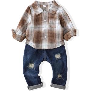 imageRenotemy Toddler Baby Boy Clothes Outfits Baby Boy Plaid Sweatsuit Jeans Denim Fall Winter Pants Set Toddler Clothes For BoysMulti Brown Plaid
