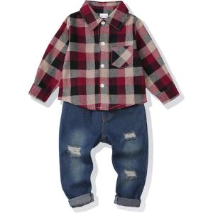 imageRenotemy Toddler Baby Boy Clothes Outfits Baby Boy Plaid Sweatsuit Jeans Denim Fall Winter Pants Set Toddler Clothes For BoysMulti Red Plaid