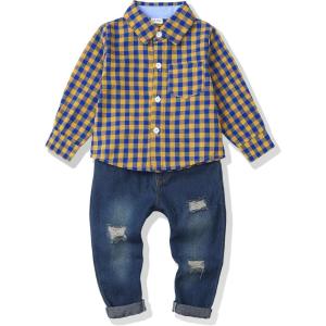 imageRenotemy Toddler Baby Boy Clothes Outfits Baby Boy Plaid Sweatsuit Jeans Denim Fall Winter Pants Set Toddler Clothes For BoysYellow Blue Plaid