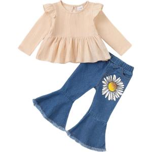 imageRenotemy Toddler Baby Girls Clothes Infant Girl Outfits Ruffle Sleeve Tops Pants Clothing Sets for GirlsApricotdenim