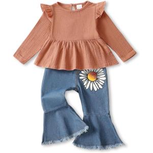 imageRenotemy Toddler Baby Girls Clothes Infant Girl Outfits Ruffle Sleeve Tops Pants Clothing Sets for GirlsBrickred