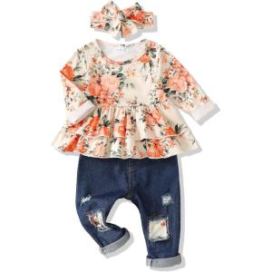 imageRenotemy Toddler Baby Girls Clothes Infant Girl Outfits Ruffle Sleeve Tops Pants Clothing Sets for GirlsFlowerjeans