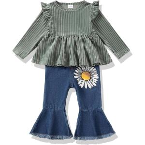 imageRenotemy Toddler Baby Girls Clothes Infant Girl Outfits Ruffle Sleeve Tops Pants Clothing Sets for GirlsGreenjeans