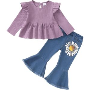 imageRenotemy Toddler Baby Girls Clothes Infant Girl Outfits Ruffle Sleeve Tops Pants Clothing Sets for GirlsPurple