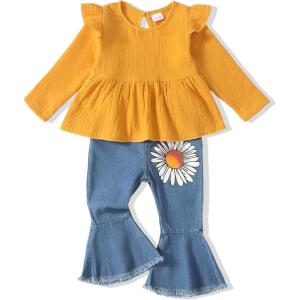 imageRenotemy Toddler Baby Girls Clothes Infant Girl Outfits Ruffle Sleeve Tops Pants Clothing Sets for GirlsYellow02