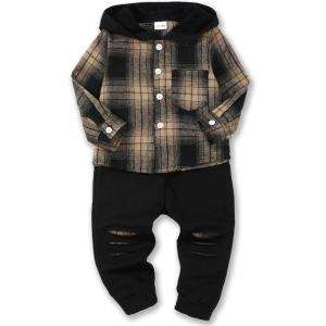 imageRenotemy Toddler Infant Baby Boy Clothes Outfit Long Sleeve Hoodie Sweatshirt Casual Fall Winter Clothes Set for Toddler BoyDeep Brown Plaid