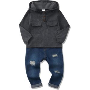 imageRenotemy Toddler Infant Baby Boy Clothes Winter Fall Outfits Hoodie Sweatsuit Ripped Jeans Denim Toddler Clothes for BoysGray Corduroy