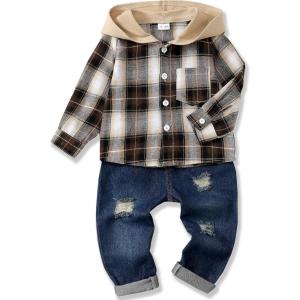 imageRenotemy Toddler Infant Baby Boy Clothes Winter Fall Outfits Hoodie Sweatsuit Ripped Jeans Denim Toddler Clothes for BoysHoodie Brown Denim
