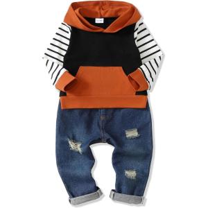 imageRenotemy Toddler Infant Baby Boy Clothes Winter Fall Outfits Hoodie Sweatsuit Ripped Jeans Denim Toddler Clothes for BoysHoodie Strip Denim