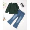 imageKids Little Toddler Girl Clothes Button Down Tie Front Shirt  Bell Bottoms Jeans Girls 2 Piece Outfits Clothing SetDark Green
