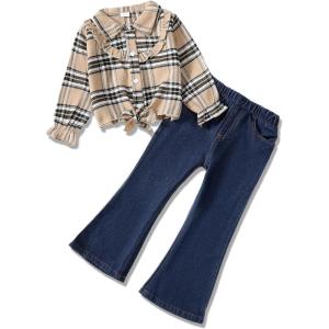 imageKids Little Toddler Girl Clothes Button Down Tie Front Shirt  Bell Bottoms Jeans Girls 2 Piece Outfits Clothing SetApricot Plaid
