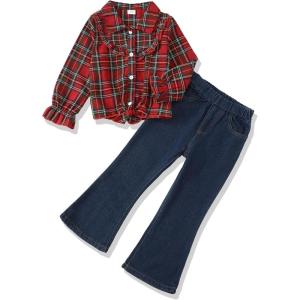 imageKids Little Toddler Girl Clothes Button Down Tie Front Shirt  Bell Bottoms Jeans Girls 2 Piece Outfits Clothing SetChristmas Red Plaid