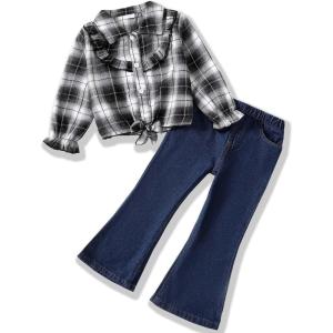 imageKids Little Toddler Girl Clothes Button Down Tie Front Shirt  Bell Bottoms Jeans Girls 2 Piece Outfits Clothing SetCoffee Plaid