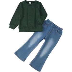 imageKids Little Toddler Girl Clothes Button Down Tie Front Shirt  Bell Bottoms Jeans Girls 2 Piece Outfits Clothing SetDark Green