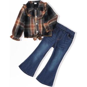 imageKids Little Toddler Girl Clothes Button Down Tie Front Shirt  Bell Bottoms Jeans Girls 2 Piece Outfits Clothing SetFlannel Brown Plaid