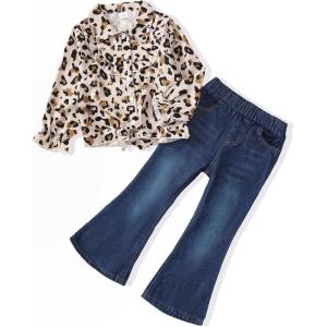 imageKids Little Toddler Girl Clothes Button Down Tie Front Shirt  Bell Bottoms Jeans Girls 2 Piece Outfits Clothing SetLeopard Print