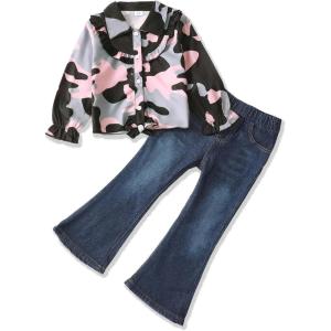 imageKids Little Toddler Girl Clothes Button Down Tie Front Shirt  Bell Bottoms Jeans Girls 2 Piece Outfits Clothing SetPink Camouflage