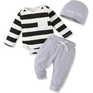 imageNewborn Infant Baby Boy Clothes Fall Winter Outfits New to The Crew Outfit Toddler Baby Boy Clothes SetBlack White Strip