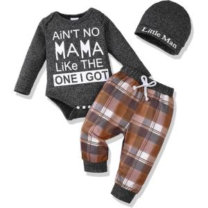 imageNewborn Infant Baby Boy Clothes Fall Winter Outfits New to The Crew Outfit Toddler Baby Boy Clothes SetGrey Brown Plaid